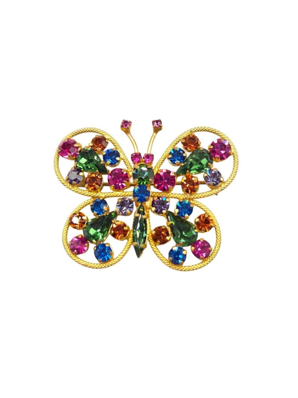 Vintage Austrian Butterfly Brooch Colorful Rhinestones Gold Tone Metal